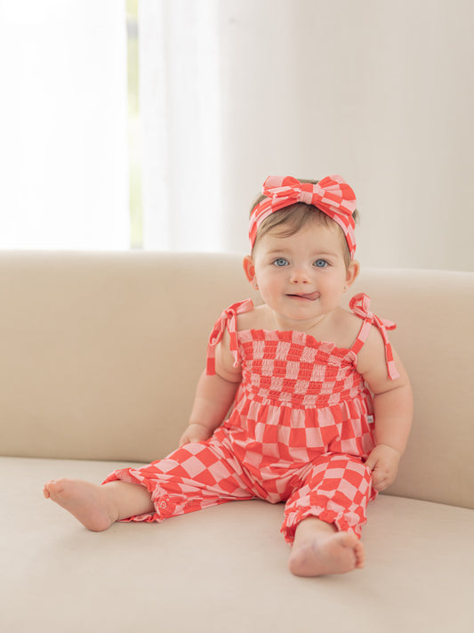 Pink Checkerboard | Bamboo Smocked Jumpsuit