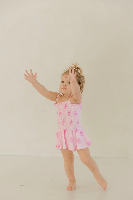 Pink Smiley | Smocked Bodysuit Dress