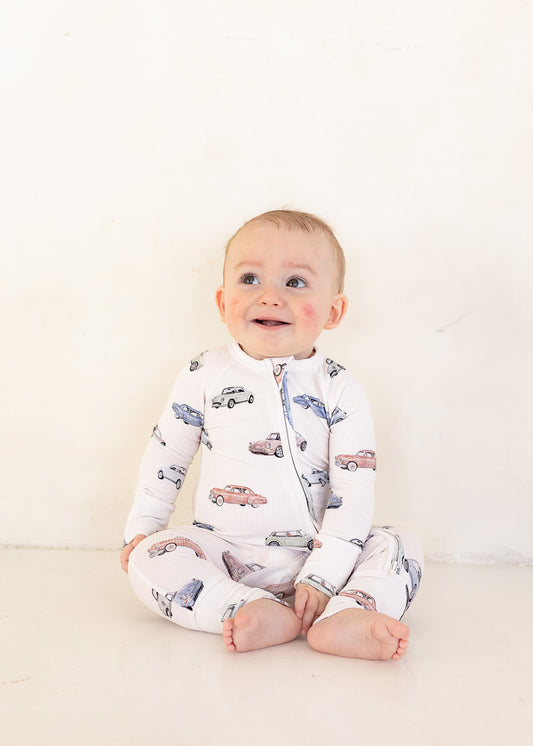 Vintage Cars (Ribbed) | Bamboo Zip Pajamas