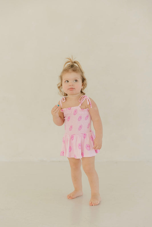 Pink Smiley | Smocked Bodysuit Dress