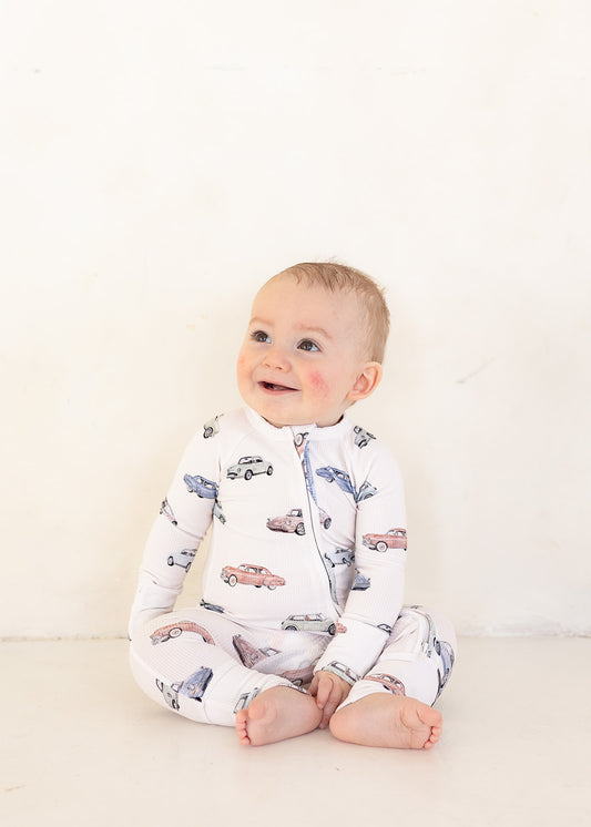 Vintage Cars (Ribbed) | Bamboo Zip Pajamas