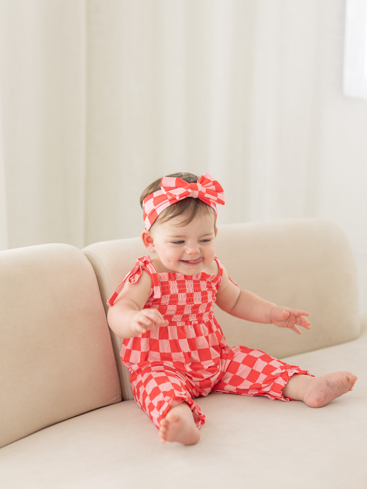 Pink Checkerboard | Bamboo Smocked Jumpsuit