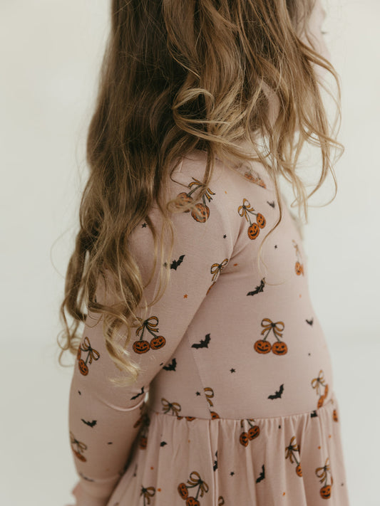 Pumpkin Cherries | Long Sleeve Twirl Dress